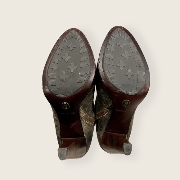 Frye Harlow Campus Lace Up Brown/Olive Green Suede Heeled Zip Up Ankle Booties - Picture 8 of 10